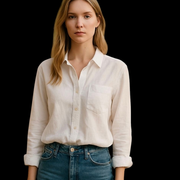 vtg 100% Linen White Button Down Lightweight Casual Shirt Tonal Sequins Sz 4 - Picture 1 of 9